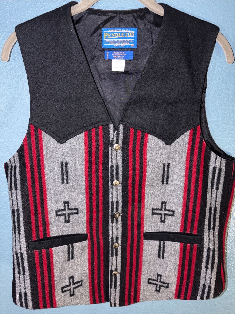Vintage Pendleton Men’s Black, Gray & Red Patterned Wool Vest